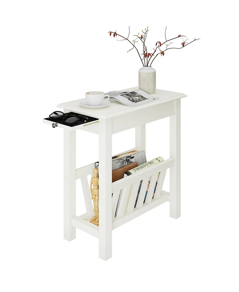 Gymax Side Table End Table Nightstand w/ Bottom Storage Shelf & Rubber Wood Legs White