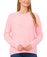 CeCe Women's Beaded Love Script Crewneck Long-Sleeve Sweater