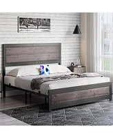 gaomon Full Bed Frame with Headboard, Industrial Platform Charging Station