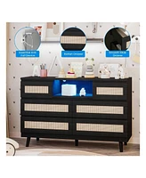 gaomon Natural Rattan Dresser For Bedroom With Led Light And Charging Station, 6 Drawer Double Dressers, Modern Wooden Dresser Chest