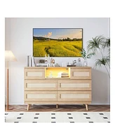 gaomon Natural Rattan Dresser For Bedroom With Led Light And Charging Station, 6 Drawer Double Dressers, Modern Wooden Dresser Chest, Beside Table For