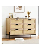 gaomon 6 Drawers Dresser For Bedroom, Natural Rattan Drawer With Spacious Storage, Wood Chest Of Drawers With Metal Legs For Bedroom, Living Room, Hal