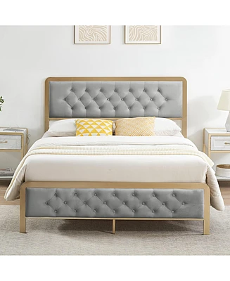 Gaomon Full Size Bed Frame, Velvet Upholstered Platform Bed with Button Tufted Headboard