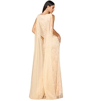 Lara Women's V - Neck Gown with Long Cape Sleeves
