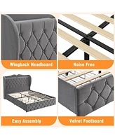 gaomon King Size Velvet Bed Frame with 4 Convenient Storage Drawers, Wingback Headboard with Charging Station