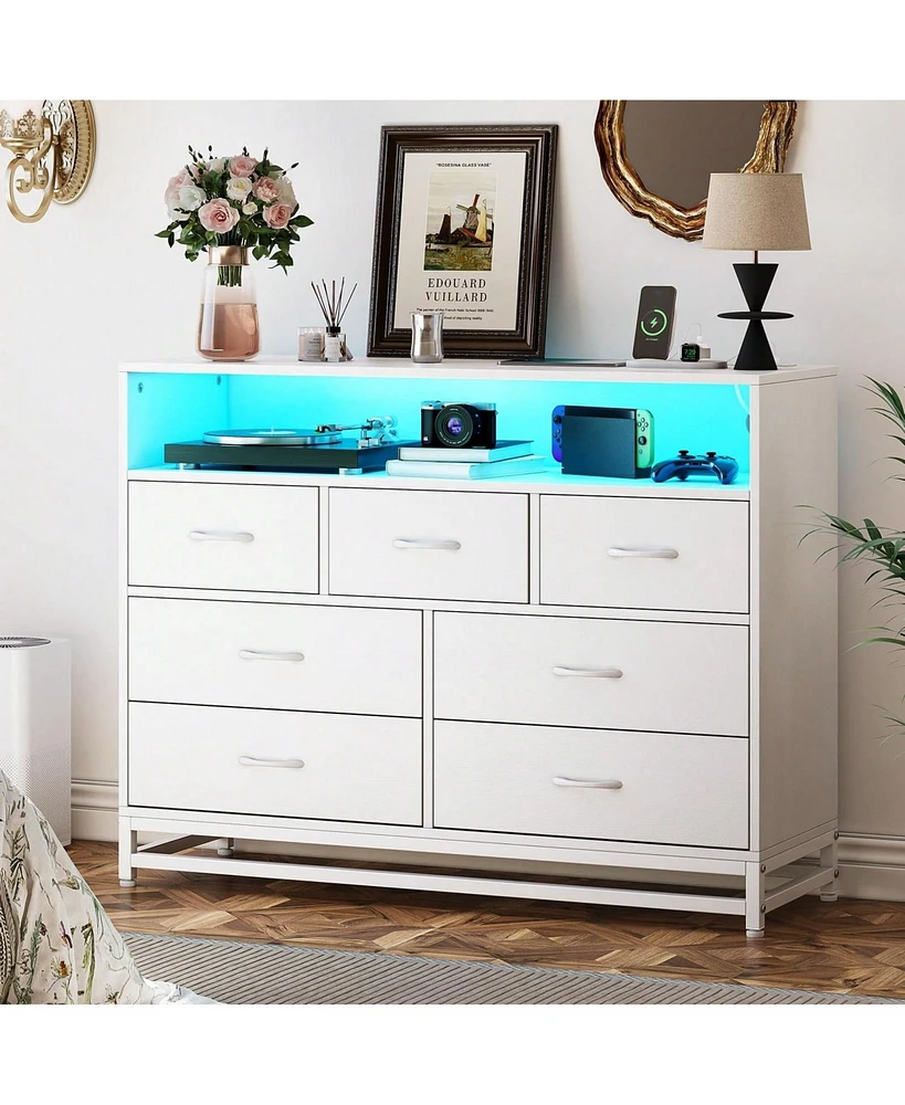 gaomon Dresser For Bedroom, Modern 7 Drawers Long Dresser With Charging Station And Led Lights Design