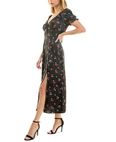 Crystal Doll Juniors' Cherry Print Puff-Sleeve Midi Dress