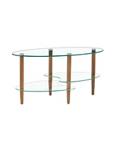Slickblue Modern Transparent Oval Glass Coffee Table with Oak Wood Legs 3-Layer Living Room Tea Table