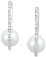 Effy Cultured Freshwater Pearl (8mm) & White Topaz (1/5 ct. t.w.) Oval Small Hoop Earrings in Sterling Silver