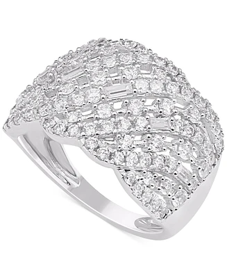 Diamond Round & Baguette Diagonal Openwork Cluster Ring (1-1/2 ct. t.w.) in 14k White Gold