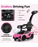 Gymax 3-in-1 Licensed Lamborghini Ride on Push Car Walking Toy Stroller with Usb Port Pink