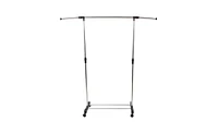 Slickblue Vertically Stretching Single-Bar Clothes Rack with Shoe Shelf - Sleek Silver Design for Organized Storage