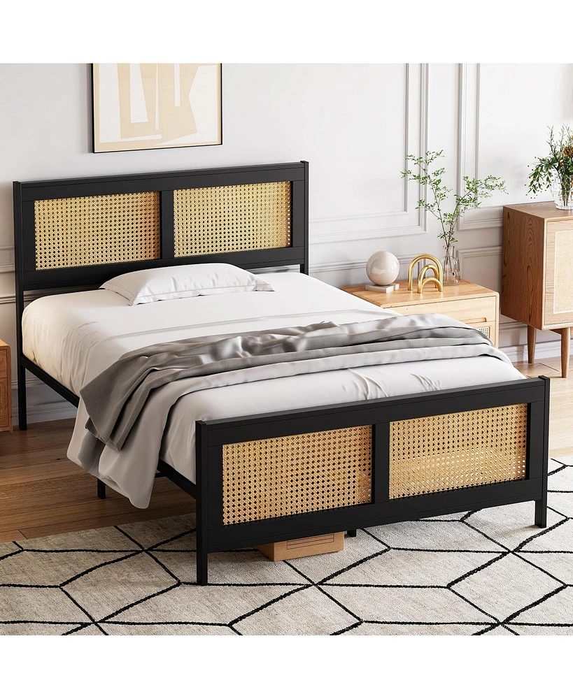 gaomon Full Size Bed Frame, Metal Bed Frame with Rattan Headboard and Footboard, Rattan Platform Bed Frame