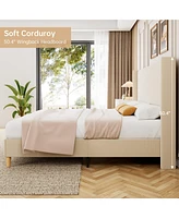 gaomon Queen Bed Frame, Upholstered Platform Corduroy Frame with Vertical Channel Tufted Wingback Headboard