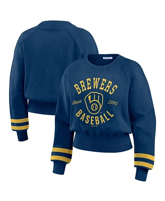 Wear by Erin Andrews Women's Navy Milwaukee Brewers Vintage Washed Cropped Pullover Sweatshirt