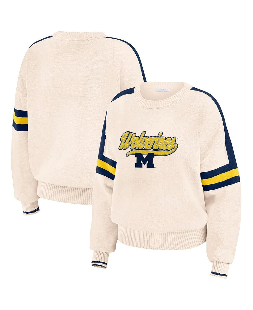 Wear by Erin Andrews Women's Cream Michigan Wolverines Chenille Woven Patch Stripe Pullover Sweatshirt