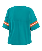 Wear by Erin Andrews Women's Aqua Miami Dolphins Color Block Boxy Modest Crop V-neck T-shirt