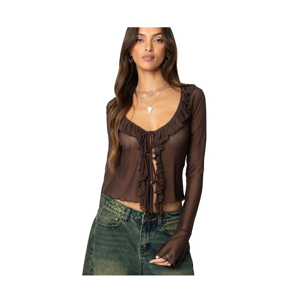 Edikted Women's Sheer Mesh Ruffled Top