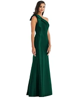 Alfred Sung Plus Bow One-Shoulder Satin Trumpet Gown