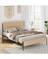 gaomon Full Bed Frame with Rattan Headboard, Platform Bed with Strong Metal Slat Support