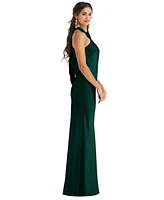 Draped Twist Halter Tie-Back Trumpet Gown