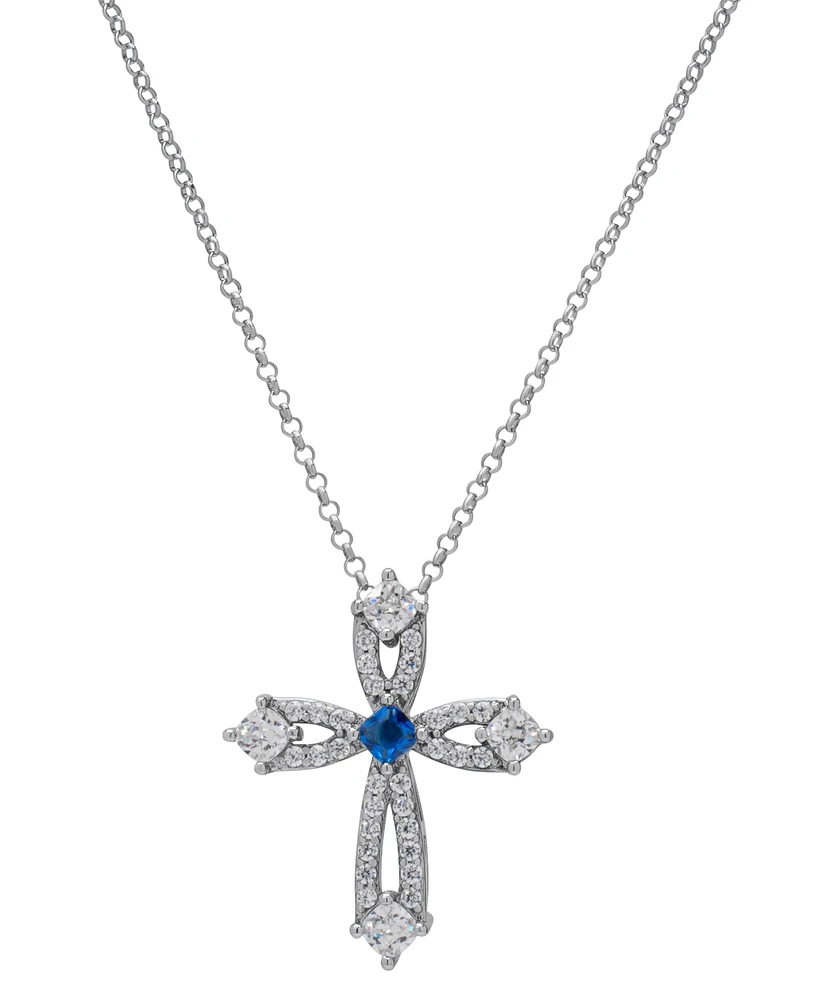 Blue Spinel (1/20 ct. t.w.) & Lab Grown White Sapphire (1-1/3 ct. t.w.) Open Cross 18" Pendant Necklace in Sterling Silver