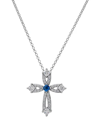 Blue Spinel (1/20 ct. t.w.) & Lab Grown White Sapphire (1-1/3 ct. t.w.) Open Cross 18" Pendant Necklace in Sterling Silver