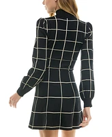 Crystal Doll Juniors' Metallic Windowpane Print Turtleneck Sweater Dress