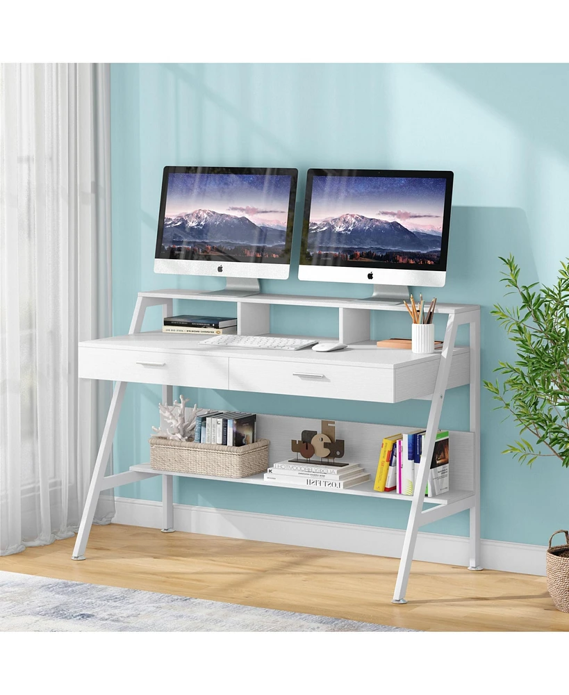 Tribesigns 47 inch Computer & Office Writing Desk with Storage Shelf,Drawers & Monitor Stand Riser for Home Office Use