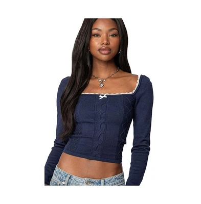 Edikted Womens Ansley Lacey Cable Knit Top