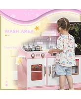 Qaba Play Kitchen, Kids Kitchen Playset w/ Phone & Chalkboard, Pink