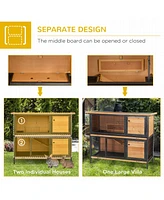 48" 2-Story Large Rabbit Hutch Bunny Cage Wooden Pet House Metal Frame with Individual Room, Ramp, No Leak Tray, Feeding Trough, Waterproof Aspha