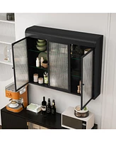 3 Door Arched Wall Mounted Glass Cabinets for Kitchen, Living Room and Bathroom(Black)