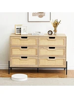 gaomon 6 Drawers Dresser For Bedroom, Natural Rattan Drawer With Spacious Storage, Wood Chest Of Drawers With Metal Legs For Bedroom, Living Room