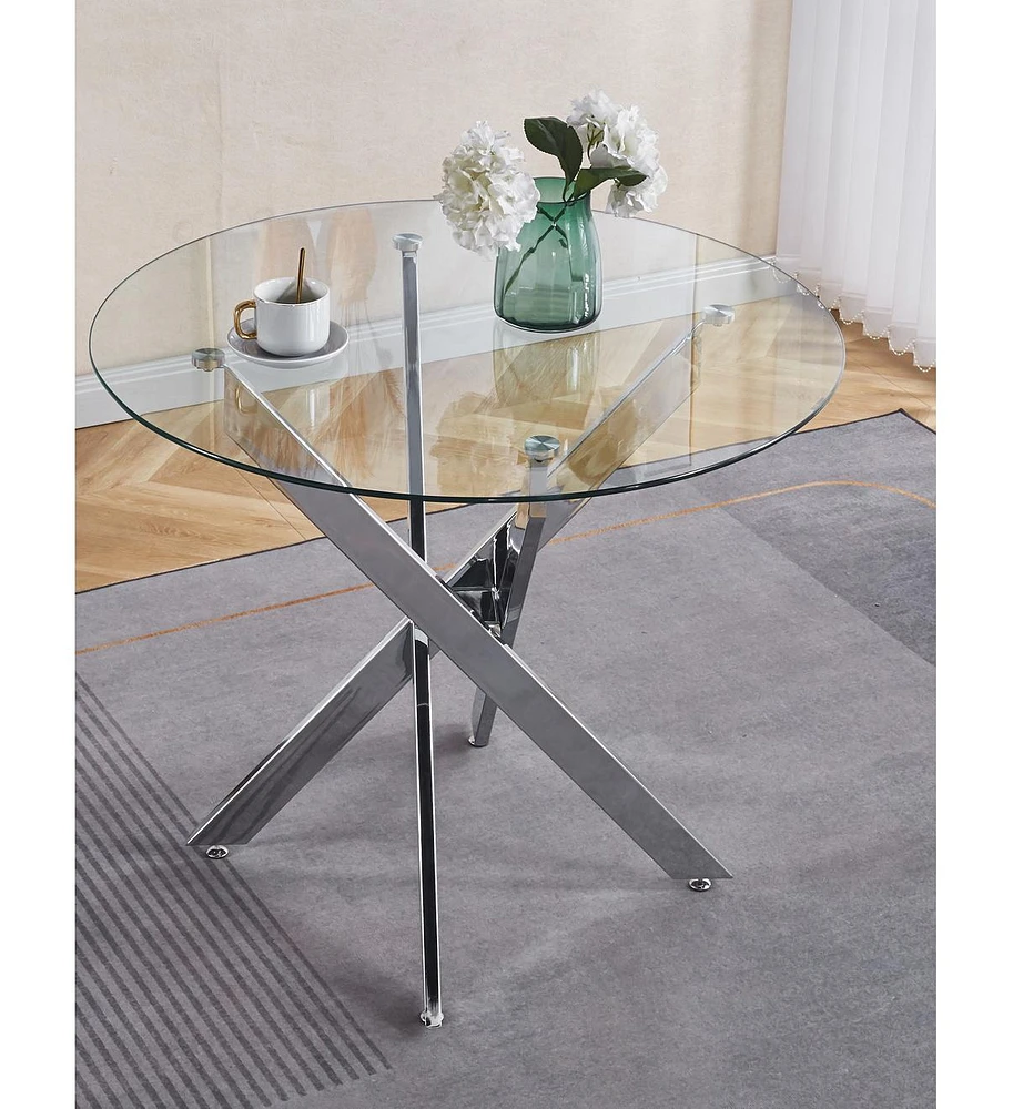 Streamdale Furniture Dining Table with cross metal leg and tempered glass,Modern Space Saving Kitchen Table for Living Room,chrome legs