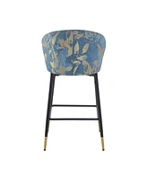 Counter Height Bar Stools Set of 2, Jacquard Upholstered Bar Chairs, Metal Footrest and Frame for Kitchen,Dining Room,28"H Seat Height, Blue
