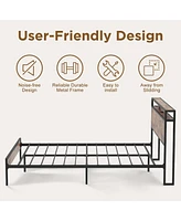 gaomon Queen Bed Frame with Wood Headboard, Platform Bed with Storage Charging Station, Led Lights, No Box Spring Needed, Heavy Duty Rustic Design wit