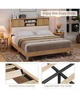 gaomon Rattan Full Bed Frame with Sliding Door Shelf Headboard
