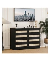 gaomon 8 Drawer Double Dresser For Bedroom, Rattan Chest Of Dressers