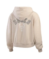 Wear by Erin Andrews Women's Tan Milwaukee Bucks Tonal Felt Patch Full-Zip Hoodie