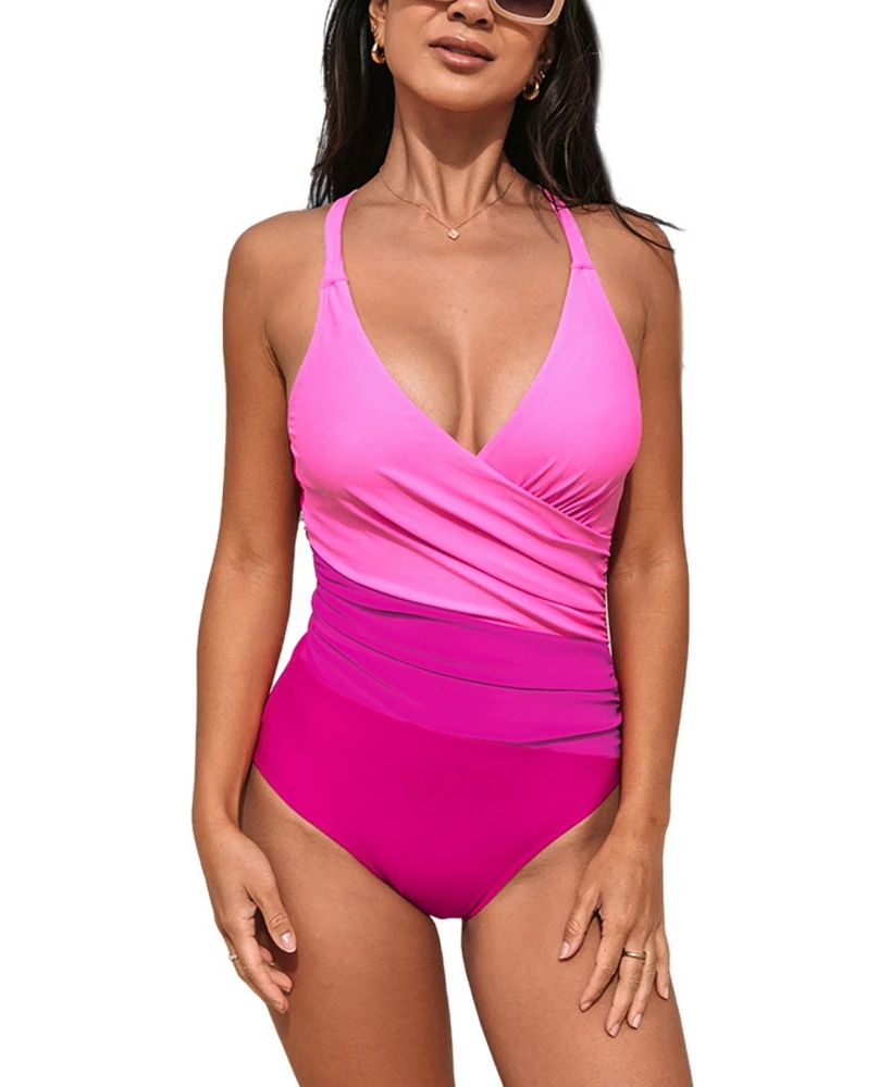 Cupshe Women's V Neck Ruched Crisscross Back Self Tie One Piece Swimsuit