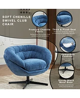 Chenille Upholstered 360° Swivel Club Chair/Accent Chair with Removable Cushion, Round Office Chair with Black Metal Base, Cotton Material, Livin