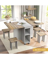 5 Pieces Folding Extendable Dining Table Set with 4 Chairs for 4 Peoples, 55'' Drop Leaf Wood Kitchen Dining Room Table Set with Storage and 6 Wheels