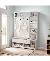Multi-purpose Hallway Hall Tree with Removable Linen Cushioned Entryway Bench, Coat Rack, Storage Shelves, and Diy Pegboard,for Hallways, Living Room,