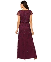 Adrianna Papell Petite Boat-Neck Short-Sleeve Beaded Blouson Gown