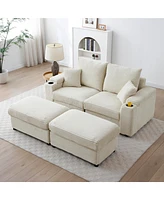 Loveseat with Ottomans,Corduroy Fabric Modular Sectional Sofa,Comfy Deep Plush Couch with Ottomans and Two Pillows,for Small Spaces, Living Room,Bedro