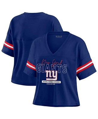 Wear by Erin Andrews Women's Royal New York Giants Color Block Boxy Modest Crop V-neck T-shirt