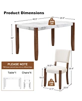 5-Piece Modern Dining Furniture Set, 4-Person Space-Saving Dinette for Kitchen, 46" Faux Marble Style Table and 4 Upholstered Chairs with Solid R