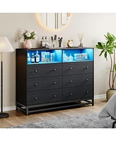 gaomon 6 Drawer Double Dresser Tv Stand, Bedroom With Power Outlet & Led Light, Wood For Room, Hallway, 47.2''W 15.8''D 36.2''H