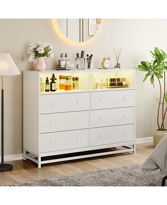 gaomon 6 Drawer Double Dresser Tv Stand, Bedroom With Power Outlet & Led Light, Wood For Room, Hallway, 47.2''W 15.8''D 36.2''H